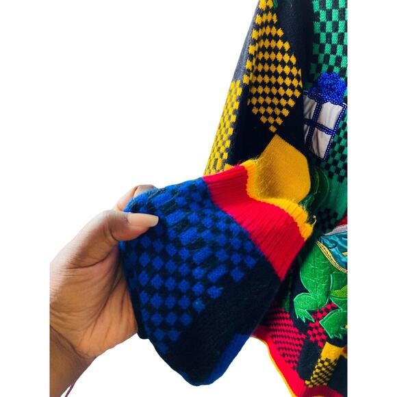 Ugly Christmas Sweater Dinosaur T-Rex Santa Hat Present Plaid Unisex Sweater XL - Picture 7 of 8